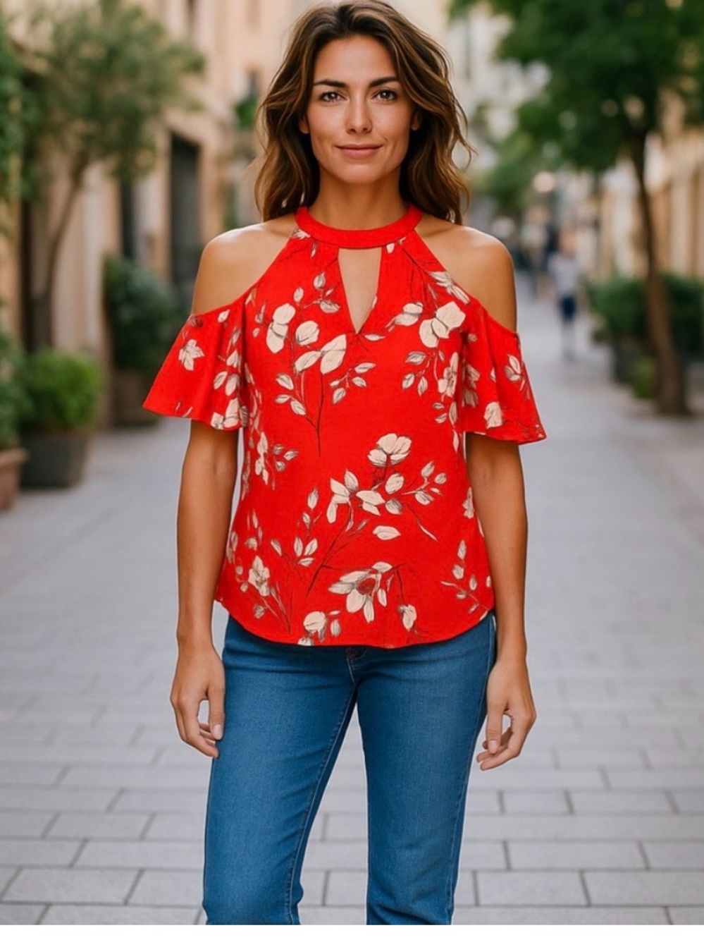 Sienna Sky Red Floral Cold-Shoulder Keyhole Top